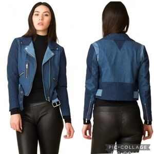 Veda Atmosphere Denim Jacket Moto 3 Tone Trio Blue S  Cropped Belted Chic Edgy
